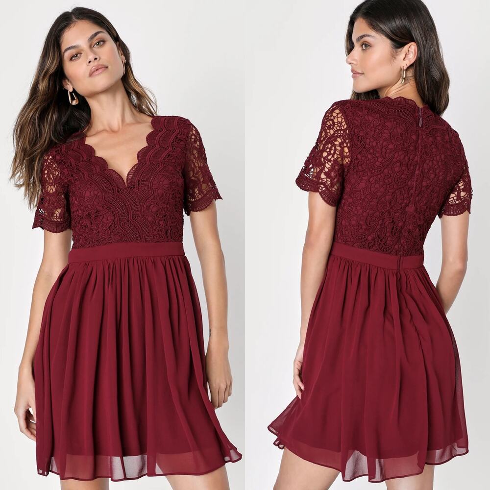 Lulus Angel in Disguise Burgundy Lace Skater Dress